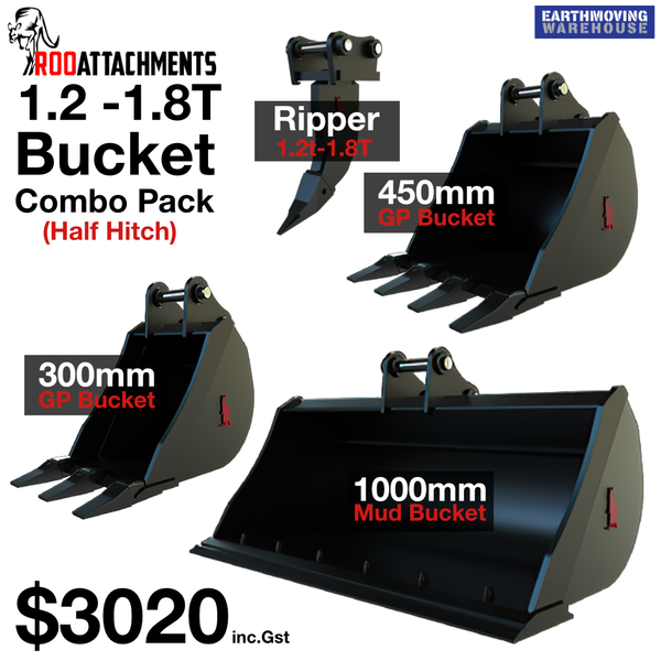 Roo Bucket Combo 1.2 To 1.8 Ton - Ripper and Half Hitch