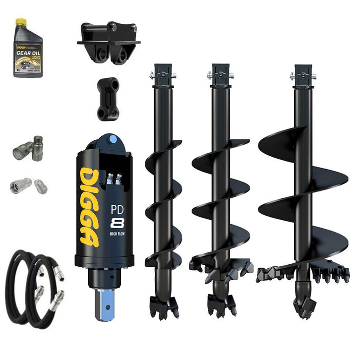 Digga PD8HF 75mm square auger drive combo package excavator up to 8T with 6 series augers Earthmoving Warehouse