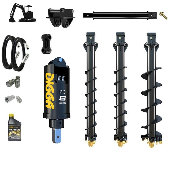 Digga PD8HF 75mm square auger drive combo package excavator up to 8T with 6 series augers Earthmoving Warehouse